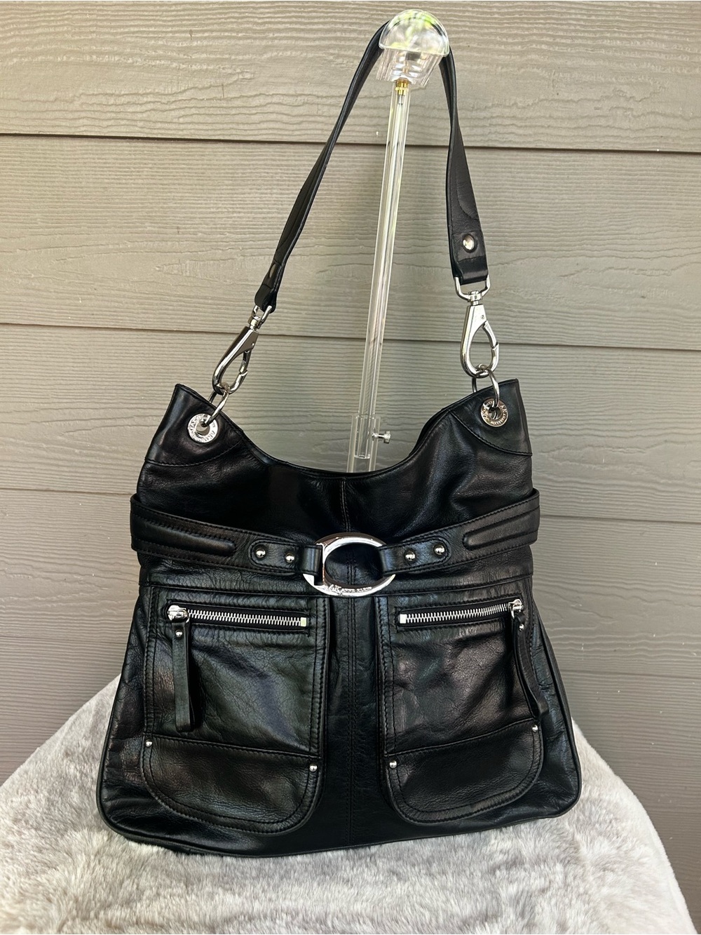 Anne Klein - Black Leather Shoulder Bag with Front Pockets and Silver Hardware